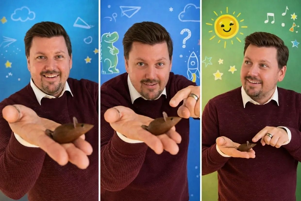 Man joyfully showing a small wooden mouse toy in colorful playful settings.