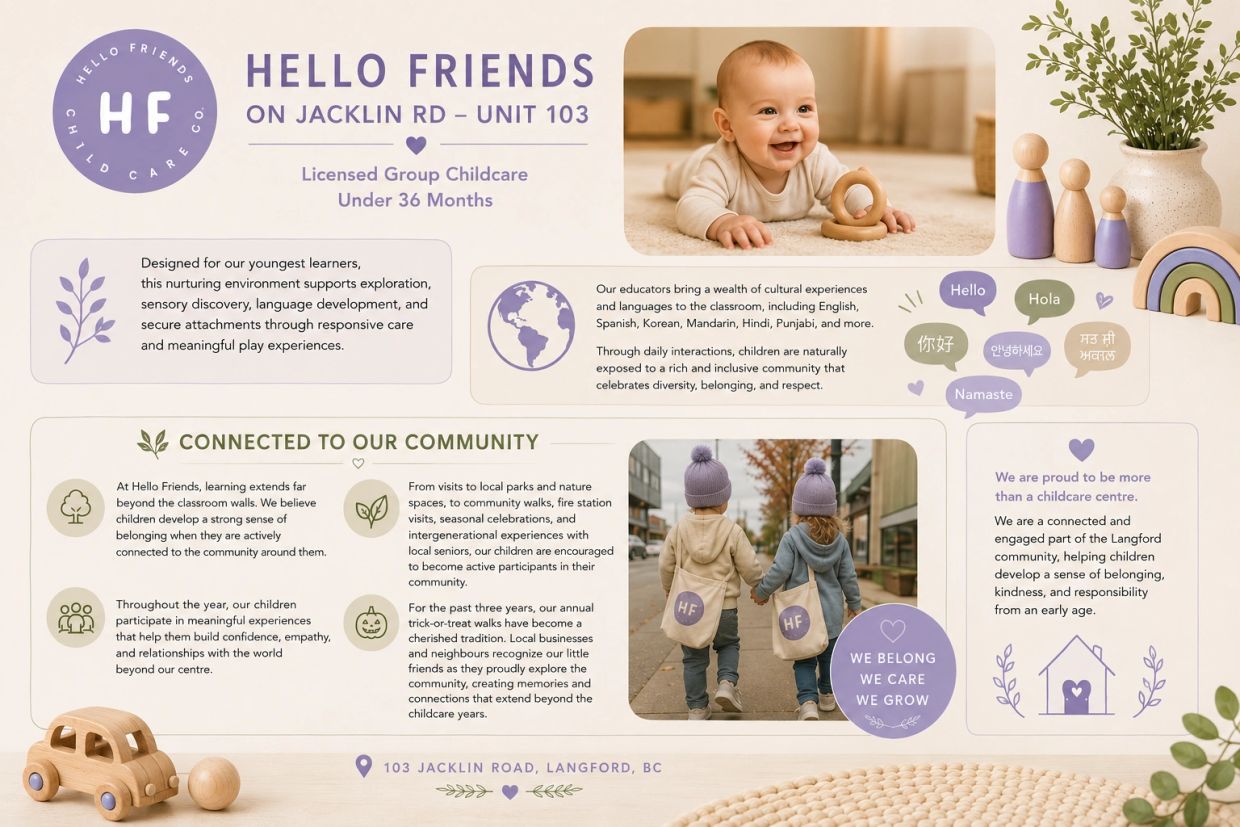 Hello Friends Childcare offers licensed group care for children under 36 months with a nurturing, community-connected approach.