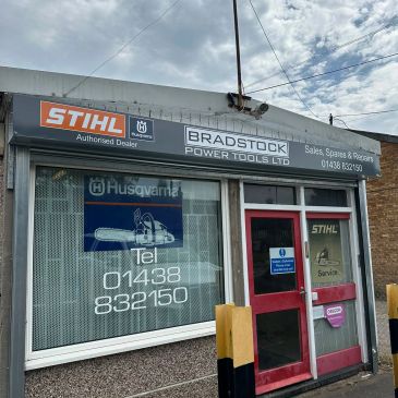 Exterior of Bradstock Power Tools Ltd with signage for Stihl and Husqvarna.