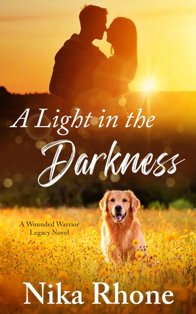 Romantic couple at sunset with a golden retriever in a flower field.