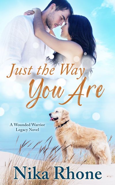 Romantic book cover featuring a couple embracing on a beach, with a golden retriever nearby.