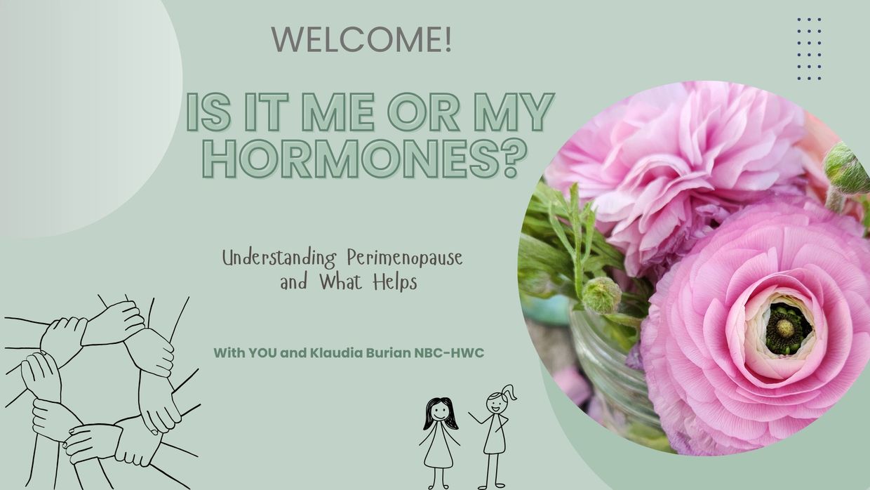 Welcome slide for a perimenopause understanding session with floral and supportive hand illustrations.