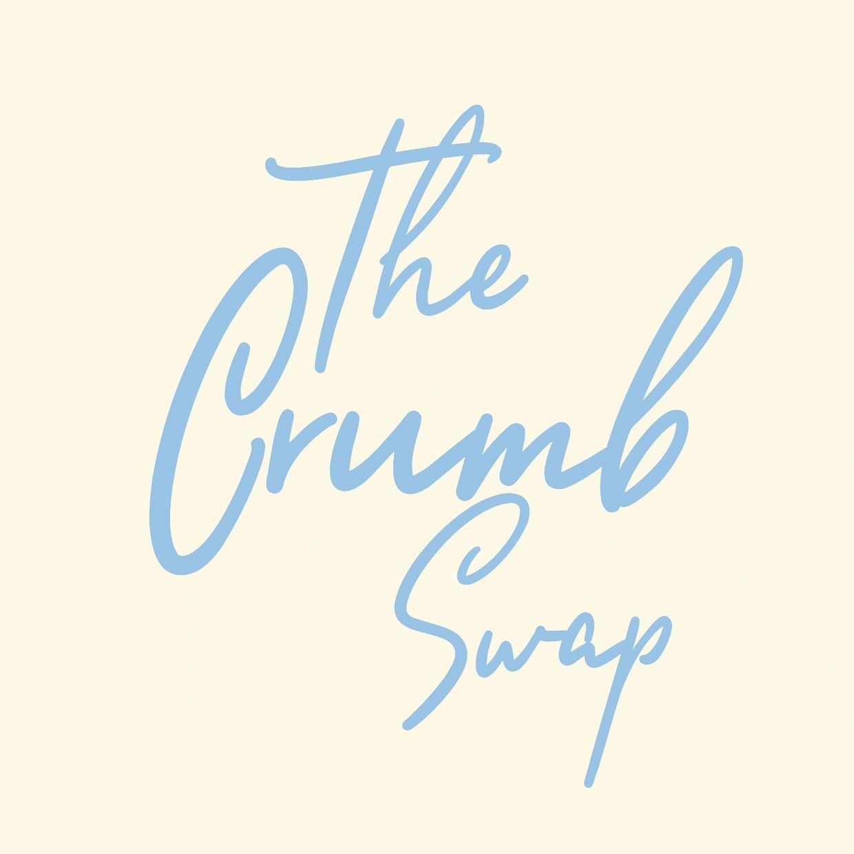 Elegant light blue script reading 'The Crumb Swap' on cream background.