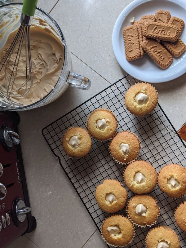 first bake on the island! biscoff cupcakes with a biscoff whipped cream filling, biscoff buttercream