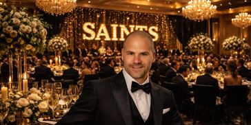 A man in a tuxedo smiles at a formal event with 'SAINTS' lit up in the background.
