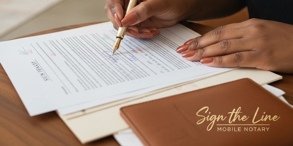 A person signing a document with a pen near a brown folder labeled 'Sign the Line Mobile Notary'.