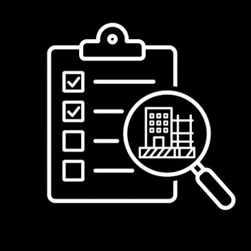 Checklist with building inspection magnifying glass icon in white on black.