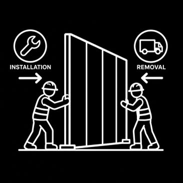 Illustration of workers installing and removing a panel.