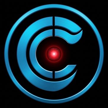 Logo futurista azul con un punto rojo en el centro.
