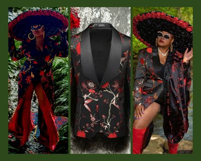 Mens blazer upcycled into a unisex exaggerated coat & tails.