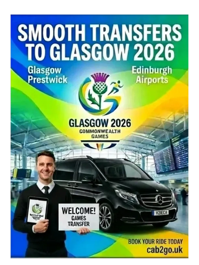 poster of a driver standing at airport with a meet and greet board next to a black mercedes v-class 