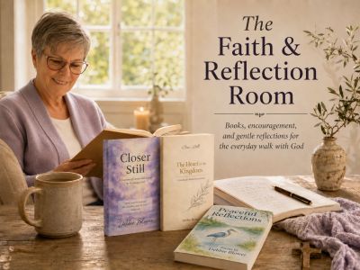 Faith & Reflection Room with faith books, journal, candle, and peaceful reading space.