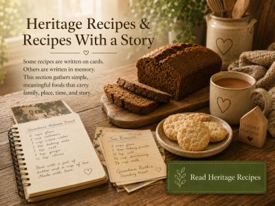 Heritage recipes cards with homemade bread, cookies, and coffee on a wooden table.