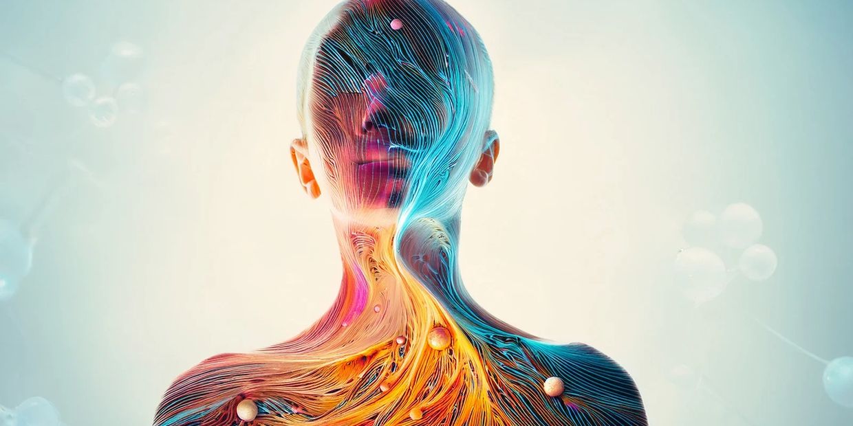 Abstract colorful human figure with flowing lines and spheres.
