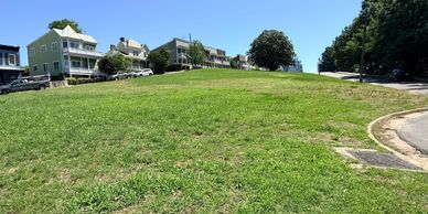 A sunny suburban neighborhood with green lawns and houses on a hill.