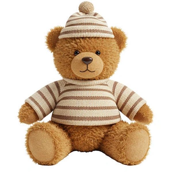 A cute teddy bear wearing a striped sweater and matching hat.