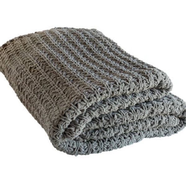 A folded gray knitted blanket with a textured pattern.