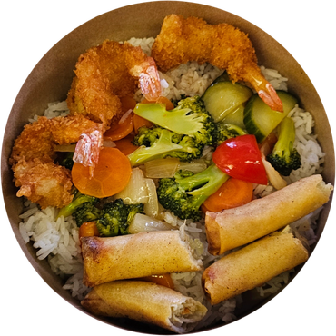 SWEET N SOUR SCAMPI KOMBO,- en deilig rett med Barbs egne sweet n sour saus, scampi, ris, og grønnsa