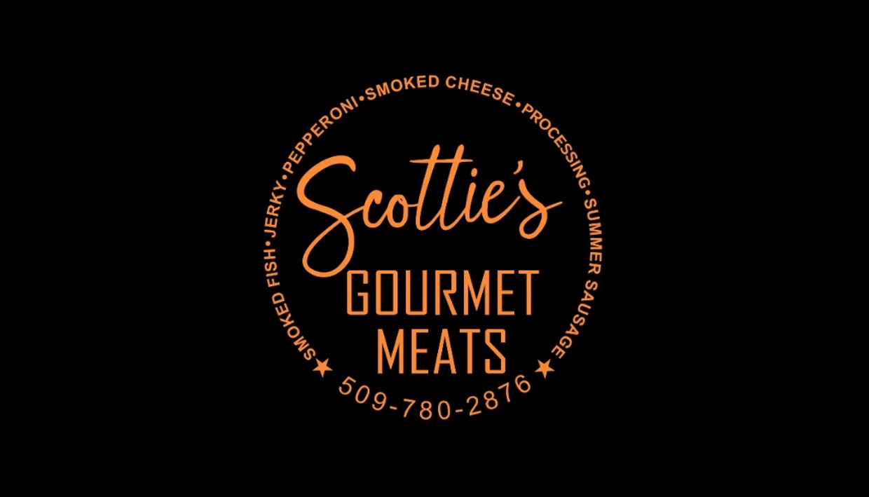 Logo for Scottie's Gourmet Meats with contact number and product highlights.