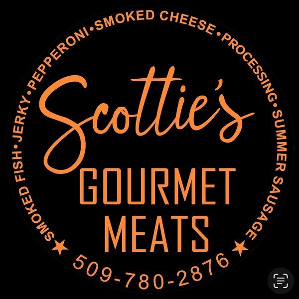 Scottie's Gourmet Meats logo with product highlights and contact number.