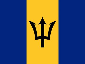Flag of Barbados with blue and gold stripes and a black trident.