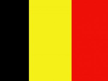 Flag with vertical black, yellow, and red stripes.