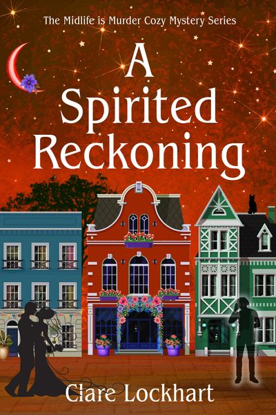Cozy mystery book cover with Victorian houses and silhouettes under a starry sky.
