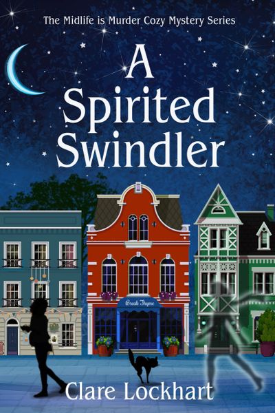 Cozy mystery book cover with nighttime town scene and ghostly figure.