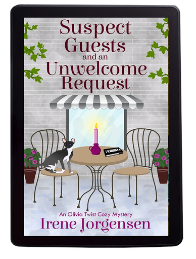 Book cover with a cat and garden chairs titled 'Suspect Guests and an Unwelcome Request'.