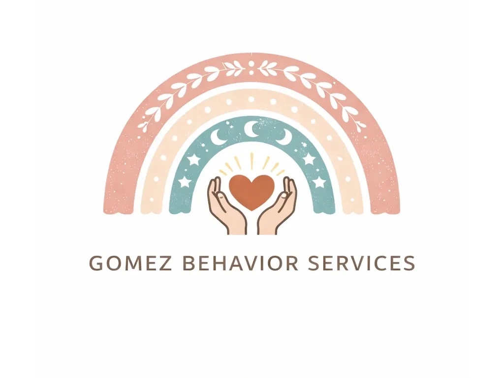 Logo with hands holding a heart beneath a decorative rainbow and stars.