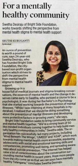Swetha Desiraju advocates mental health support over stigma through Bright Side Foundation.