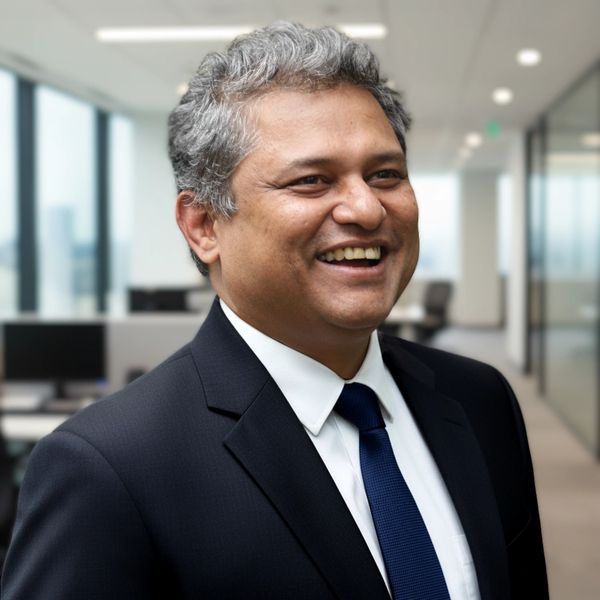 Smiling businessman in a modern office setting.