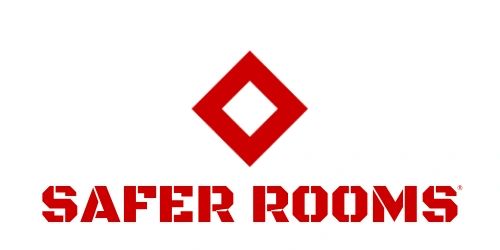 Red diamond logo above bold text 'SAFER ROOMS'.