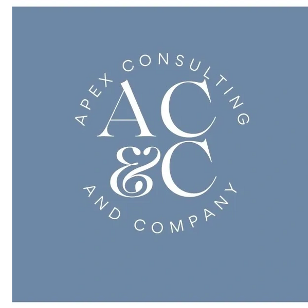 Logo of Apex Consulting and Company with stylish typography on blue background.