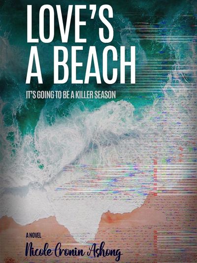 Cover of Love's a Beach, with ominous waves crashing on a pink sand beach