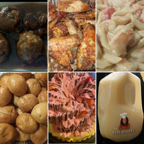 Meatballs, Chicken Wings, Penne Pasta, Rolls, Bundt Cake and Pineapple Punch Collage