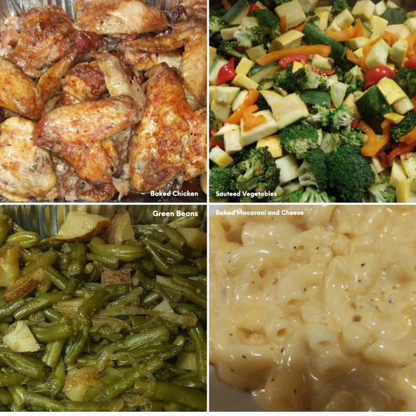 Baked Chicken, Sauteed Vegetables, Green Beans and Baked Macaroni and Cheese
