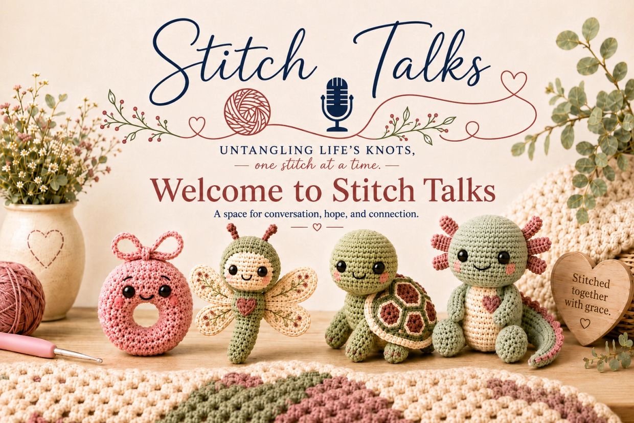 Crocheted animal figures with a welcoming Stitch Talks sign and cozy decor.
