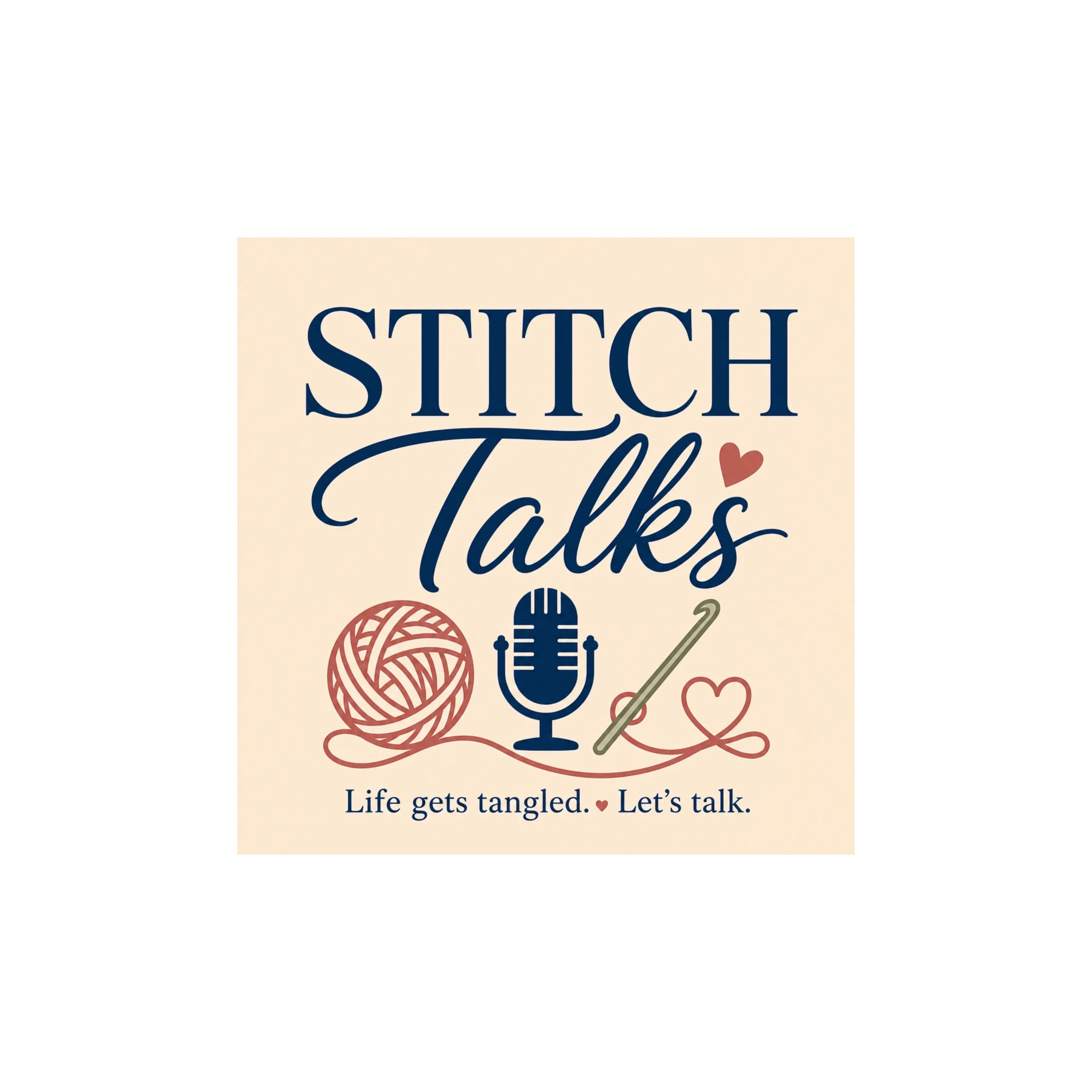 Logo for Stitch Talks podcast with yarn, microphone, and crochet hook.