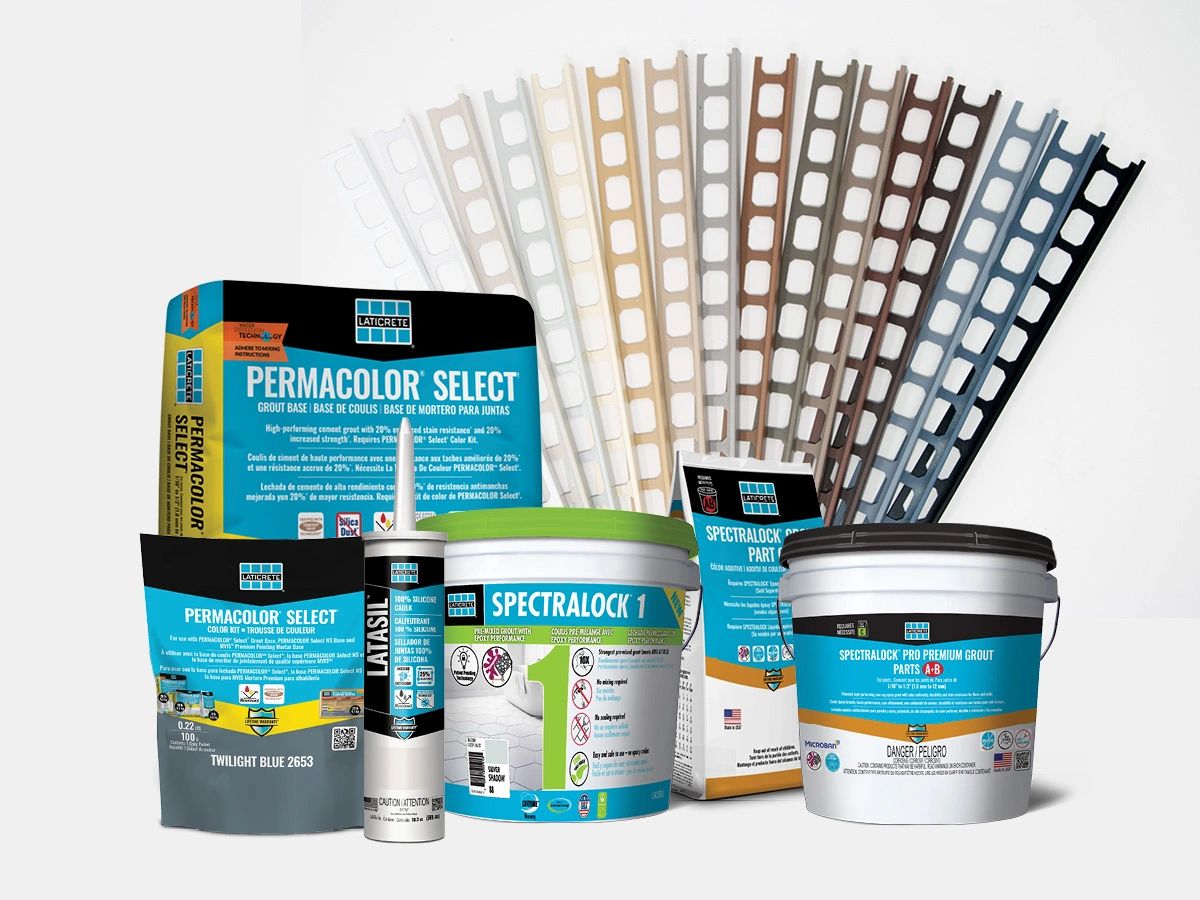 Variety of Laticrete Permacolor Select and Spectralock grout products with color samples.