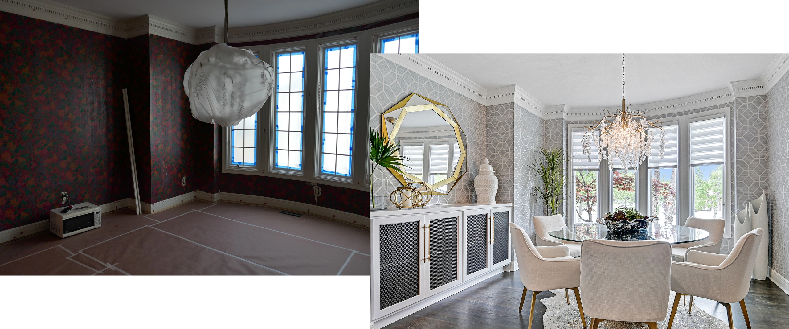 Bond before and after photo, dining room - Torres Design KC