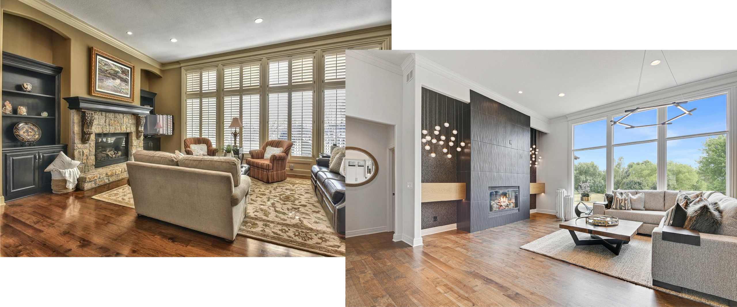 South Overland Park before and after photo, living room - Torres Design KC