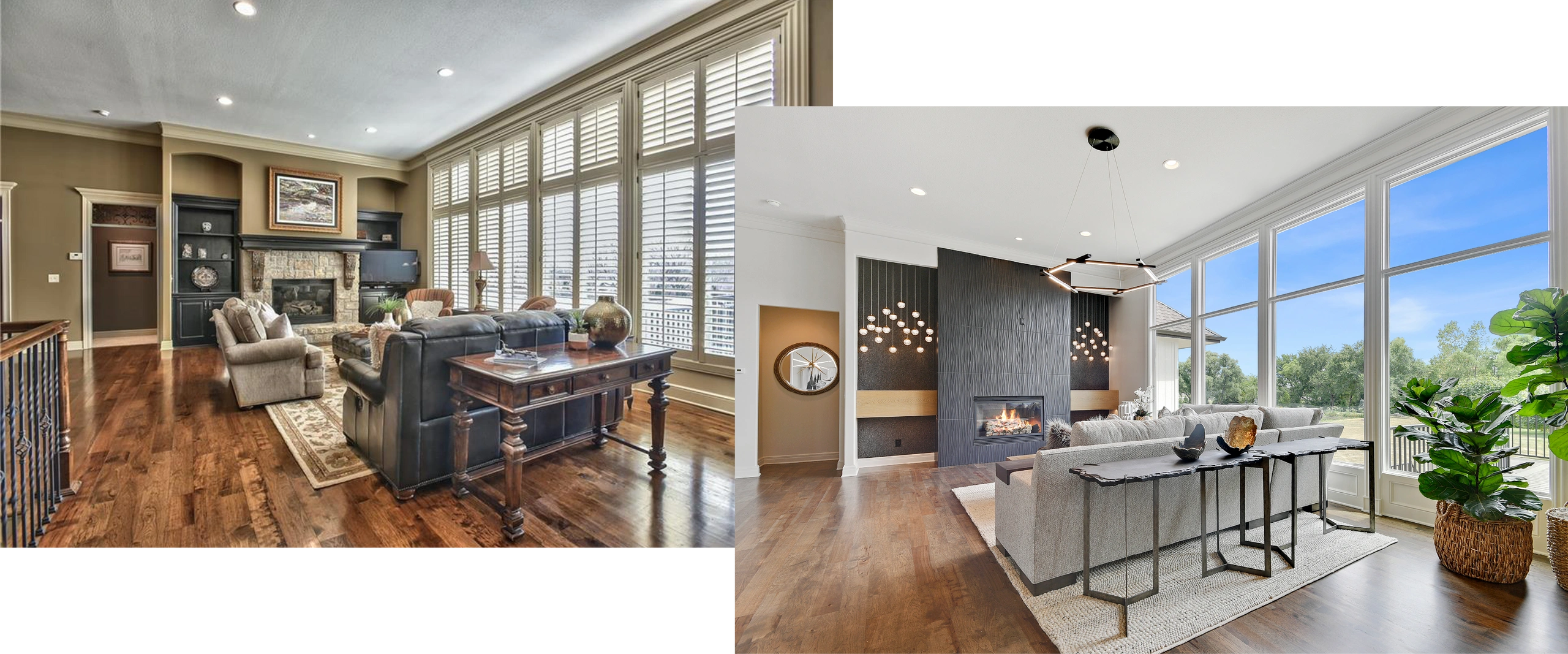 South Overland Park before and after photo, living room - Torres Design KC