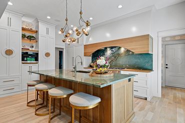 Kitchen - kitchen island - counter stools - lighting