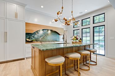 Kitchen - kitchen island - counter stools - lighting