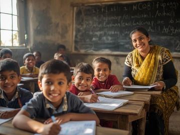 A teacher and smiling students in a classroom.