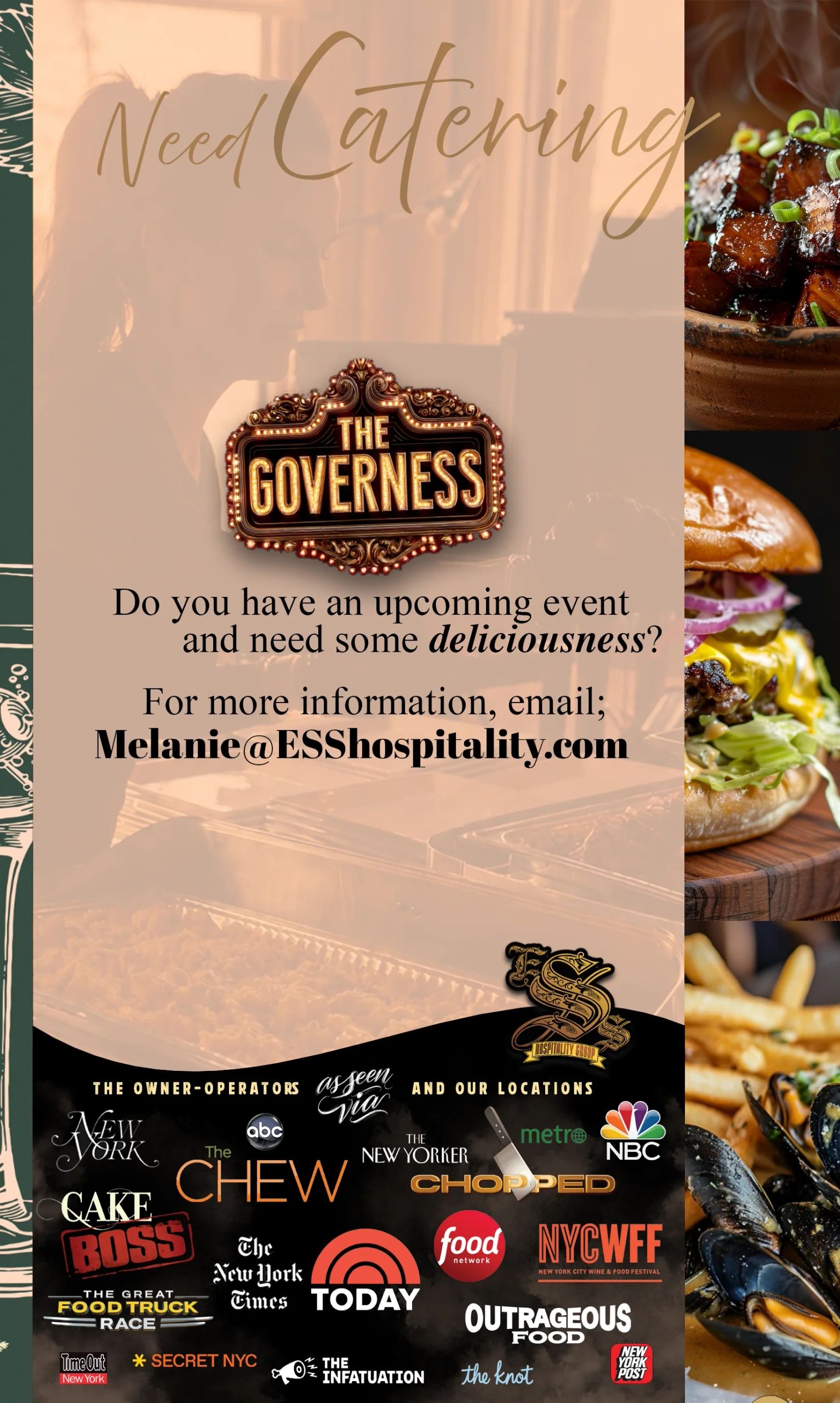 Catering service promotion by The Governess with contact info.