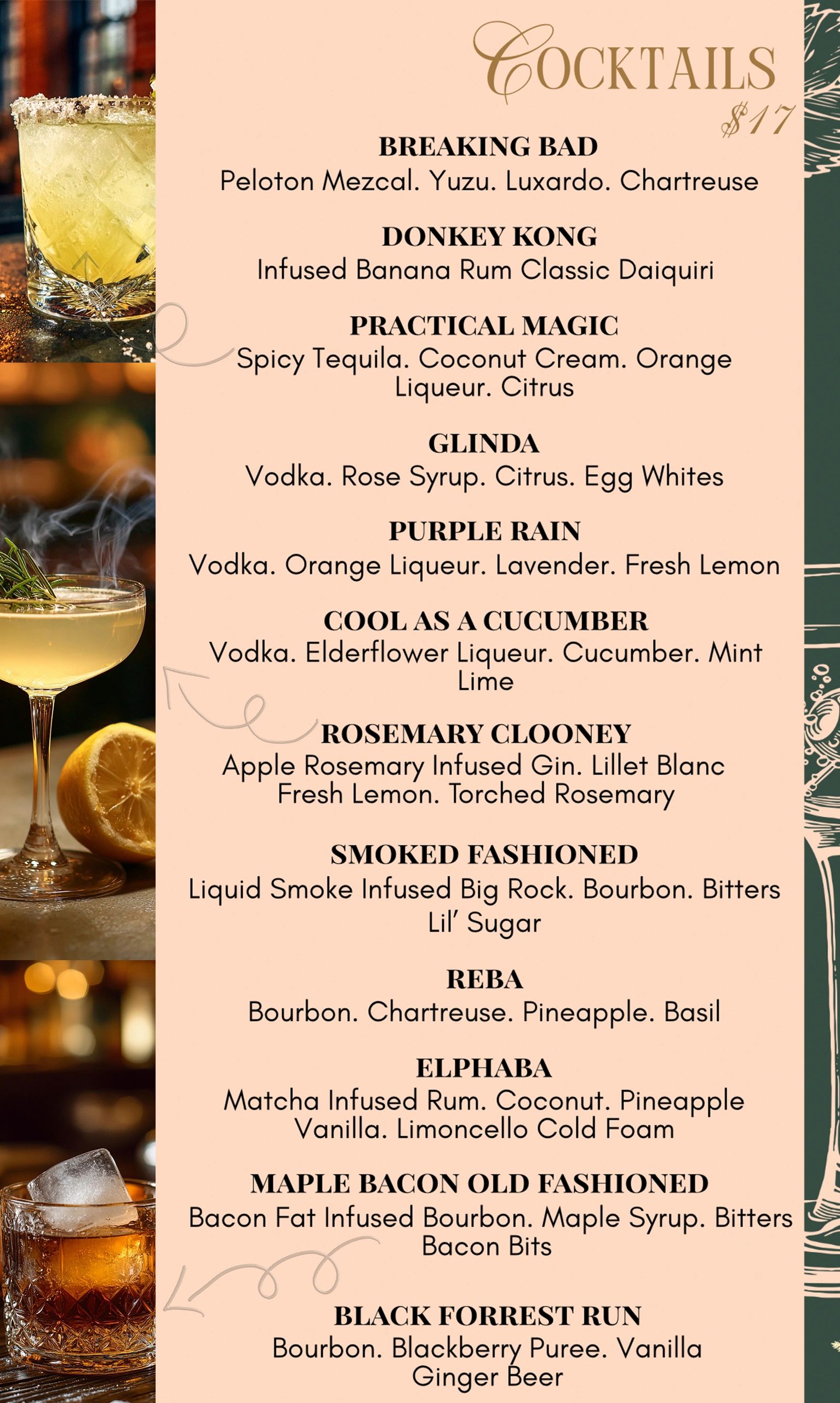 Cocktail menu featuring unique drinks with creative ingredients.