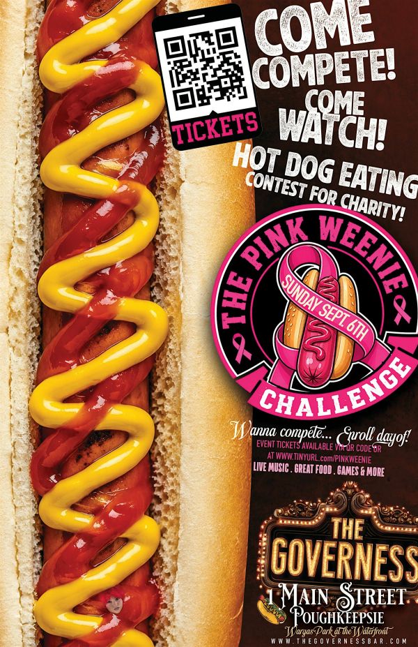Hot dog eating contest poster for charity event.