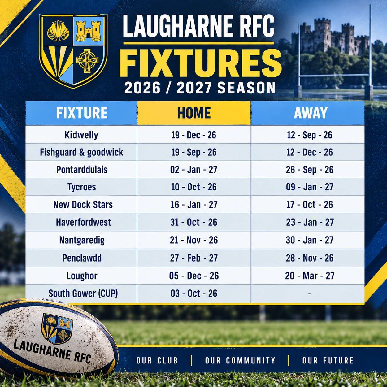 Laugharne RFC 2026/27 rugby fixtures schedule with home and away dates.